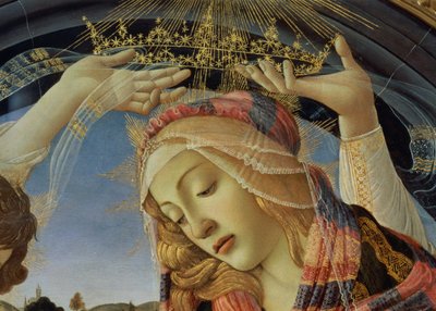 The Madonna of the Magnificat, detalj av Jomfruens ansikt og krone av Sandro Botticelli