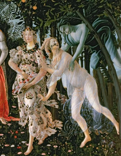 Detalj av Zephyr, og Flora som vårens time, fra Primavera-temperaet på paneldetaljene fra 558 av Sandro Botticelli