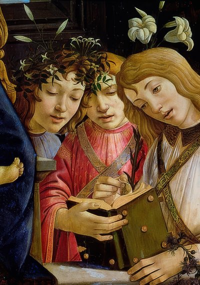 Maria med barnet, døperen Johannes og engler. Detalj. Rundt 1490 av Sandro Botticelli