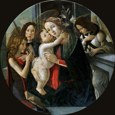 Madonnaen og barnet med Saint John og to engler. av Sandro Botticelli