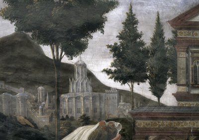 Renselsen av den spedalske og Kristi fristelse, i det sixtinske kapell: detalj av en imaginær by i et landskap, freskomaleri fra 1481 av Sandro Botticelli