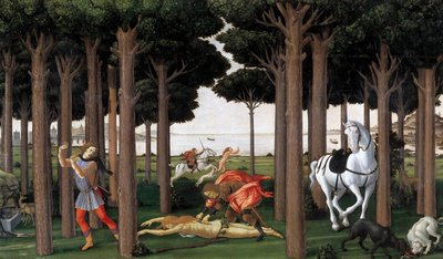 Historien om Nastagio degli Onesti Andre episode, ca 1483 av Sandro Botticelli