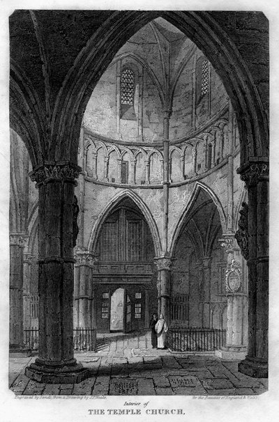 Interiør av Temple Church, London, 1816. av Sands