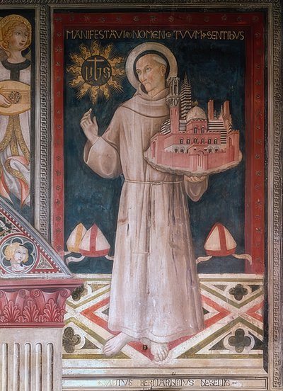 Saint Bernardine av Siena med en modell av byen Siena av Sano di Pietro