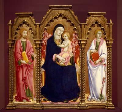 Madonna og barn med de hellige James Major og Johannes evangelisten, altertavle av Sano di Pietro