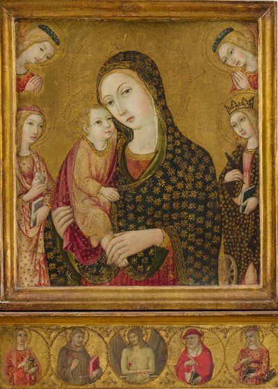 Madonna og barn med den døde Kristus, de hellige Agnes og Katarina av Alexandria...ca. 1470-80. av Sano di Pietro