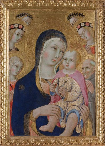 Madonna med barnet, de hellige Apollonia og Bernardino og fire engler, ca 1460 av Sano di Pietro