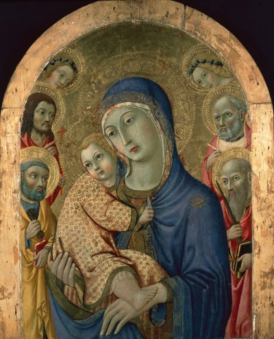 Madonnaen og barnet med hellige og engler (tempera på panel) av Sano di also Ansano di Pietro di Mencio Pietro