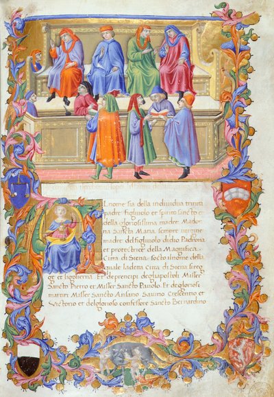 The Tribunal of Merchandise, miniatyrer fra Statutes of the Merchants no 6 av Sano di Pietro. av Sano di also Ansano di Pietro di Mencio Pietro