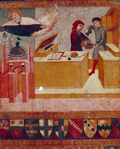 Camerlingvisten vasker symbolsk hendene mens den velvillige og beskyttende Jomfruen flyr over byen Siena Detail. Tremaleri av Sano di Pietro (1406-1481) som dekorerer en Biccherna (omslaget til regnskapsregisteret til byen Siena) 1451. av Sano di also Ansano di Pietro di Mencio Pietro