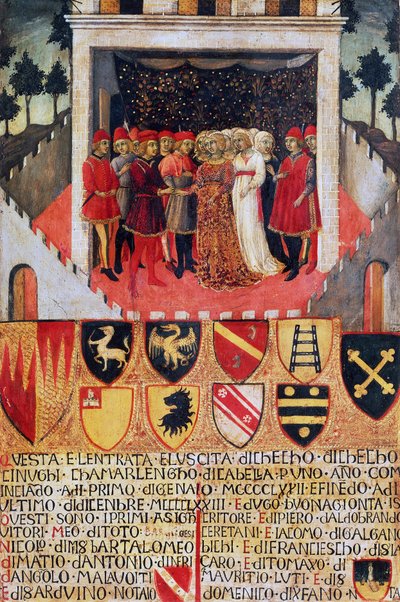 Ringens gave, bryllupsscene mellom Sienese adelsfamilier av Sano di also Ansano di Pietro di Mencio Pietro
