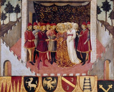 Bryllupsseremoni for et par av adelen i byen Siena Maleri av Sano di Pietro (1406-1481) som dekorerer en Biccherna (omslaget til regnskapsregisteret til byen Siena) 1473. Siena Archivio di Stato, Italia av Sano di also Ansano di Pietro di Mencio Pietro