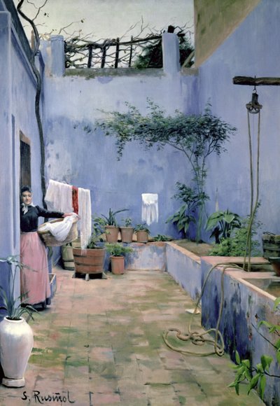 Uteplassinteriør (olje på lerret) av Santiago Rusinol i Prats