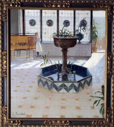 Fontenen under verandaen Maleri av James Rusinol og (i) Prats (1861-1931) 1894 Privat samling av Santiago Rusinol i Prats