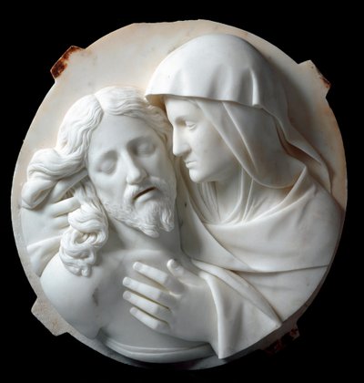 Pieta-marmorskulptur av Santo Varni (1807-1885) 1863-1870. Dim. 56x52x12 cm Fra samlingen til Prince Odon di savoia. Genes, Galleria d