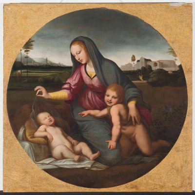 Madonna og barn med den unge St. John, ca. 1500 (olje på tre) av Sanzio of Urbino (follower of) Raphael