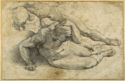 Studie av tre soldater for 'Oppstandelsen' (svart kritt på papir) av Sanzio of Urbino (workshop) Raphael