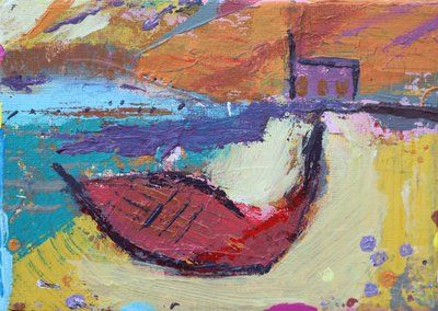Rød båt Iona (akryl på lerret) av Sara Hayward