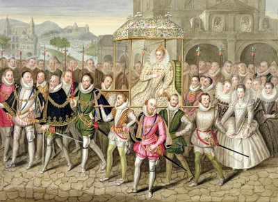 Dronning Elizabeth I i prosesjon med sine hoffmenn (ca. 160003) fra "Memoirs of the Court of Queen Elizabeth" etter en olje tilskrevet Robert Peake (ca. 1592-1667) ved Sherborne Castle, publisert i 18. av Sarah Countess of Essex