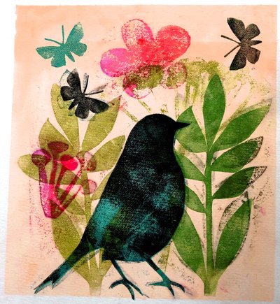 Fugl og sommerfugl, 2019 (blekk mono print) av Sarah Thompson Engels