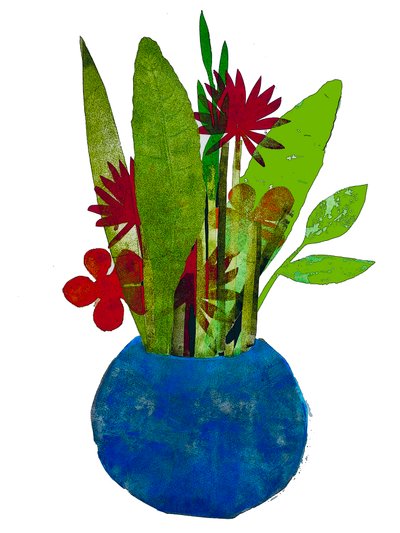 'Skål med blader og blomster' (monotrykk) 2020 av Sarah Thompson Engels