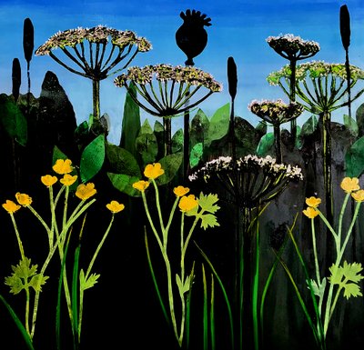 Smørblomster 2020 (akryl om bord) av Sarah Thompson Engels