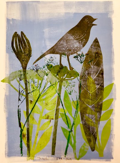 Syngende fugl, 2020, (monoprint) av Sarah Thompson Engels