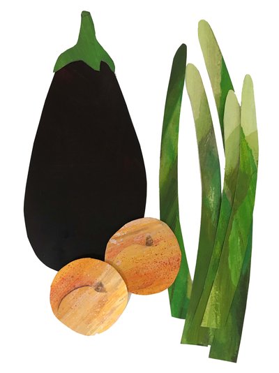 asparges, aprikoser, aubergine, 2019 (collage) av Sarah Thompson Engels