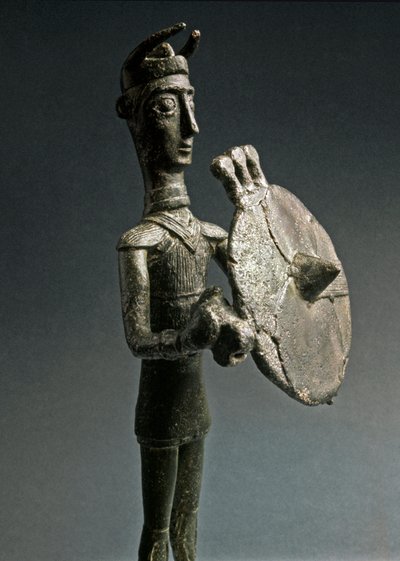 Nuragisk kultur (nuraghi) sardinsk: bronsestatuett av kriger med skjold. 8.-7. århundre f.Kr. Nasjonalmuseet for forhistorisk etnografi 
