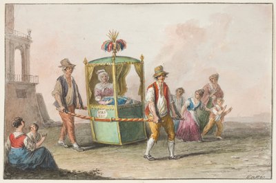 Vann farge; En jordmor med en baby på vei til kirken for dåp av Saverio della Gatta