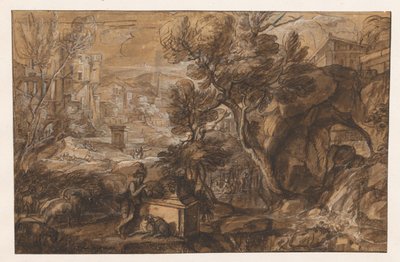Landskap med en gjeter ved en antikk sarkofag av Sébastien Bourdon (attributed to)