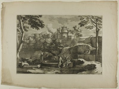 Utsikt over en by (Kristus med den barmhjertige samaritan ved brønnen) av Sébastien Bourdon