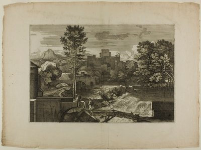 Foss ved en steinbro, med slott i det fjerne av Sébastien Bourdon