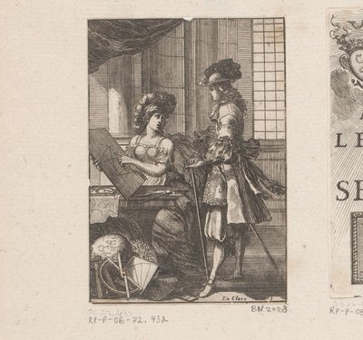 Geometri og ung mann med geometrisk tegning Tittelside for: Pratique de la géometrie, sur le papier et sur le terrain (...), 1669 av Sébastien Leclerc (I)