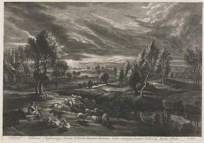 Landskap med hyrde som spiller på fløyte. av Schelte Adams Bolswert