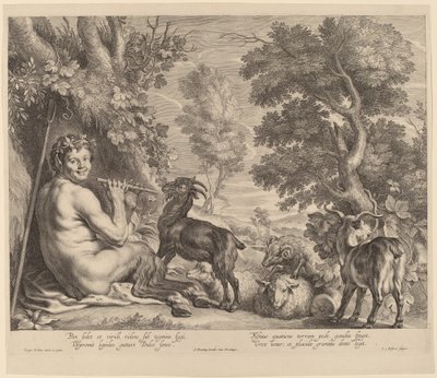Pan spille på fløyte av Schelte Adams Bolswert after Jacob Jordaens