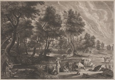 Gårdslandskap med jegere og melkepiker av Schelte Adams Bolswert, after Sir Peter Paul Rubens
