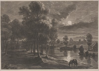 Månebelyst elvelandskap av Schelte Adams Bolswert, after Sir Peter Paul Rubens