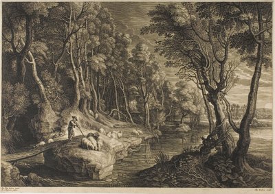 Skog krysset av en bekk, fra The Small Landscapes av Schelte Adamsz. Bolswert