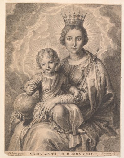 Mary med barn og jordklode Maria mater dei, regina caeli (tittel på objekt) av Schelte Adamsz. Bolswert