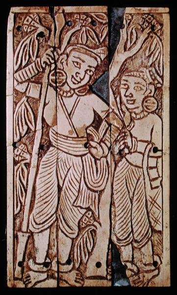 Relieff som viser to kvinner under et asoka-tre, fra Begram, 2.-3. århundre e.Kr. (elfenben) av School Afghan