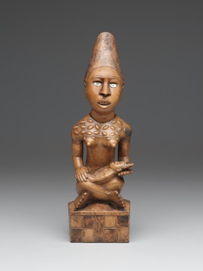 Sittende kvinnefigur med barn (pfemba) Yombe Group, Kongo Peoples (tre, glass eller glimmer og beis) av School African