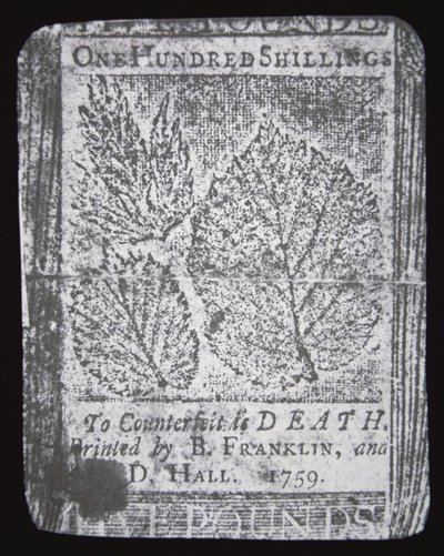 En seddel på 100 shilling designet og trykt av Benjamin Franklin i 1759 (litho) av School American