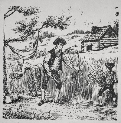 En familie som høster mais (litho) av School American