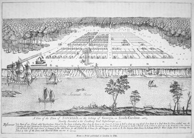 Utsikt over Savannah, Georgia i 1741 (litho) av School American