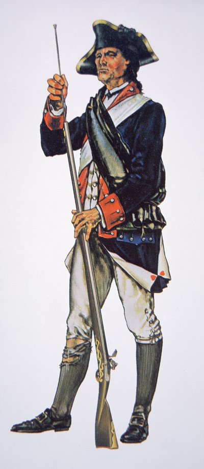 Amerikansk uavhengighetskrigssoldat fra det (amerikanske) Pennsylvania State Regiment (akvarell på papir) av School American