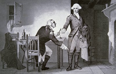 Amerikansk forræder: General Benedict Arnold instruerer Andre om å gjemme papirer i støvelen hans (litho) av School American