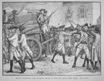 Britiske tropper eskorterer det stemplede papiret til rådhuset, New York (litho) av School American