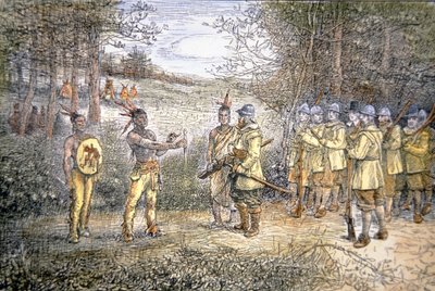 Kaptein Miles Standish handler med Wampanoag-indianere i 1621 (farge litho) av School American