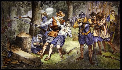 Forsvare spedbarnsoppgjøret mot indisk angrep i kolonien Jamestown, Virginia i 1607 (farge litho) av School American